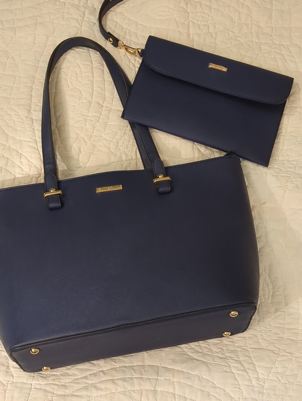 Classic Navy Tote with Matching Wristlet - Gold Hardware